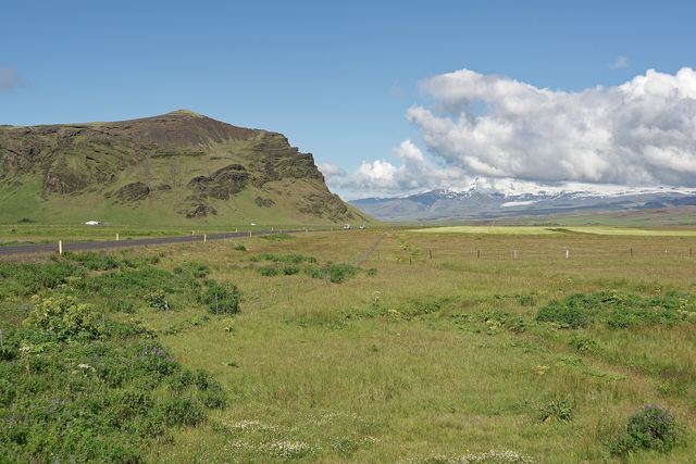 Route 1, the Ring Road, in Mýrdalshreppur, South Iceland, with Mýrdalsjökull glacier in the distance